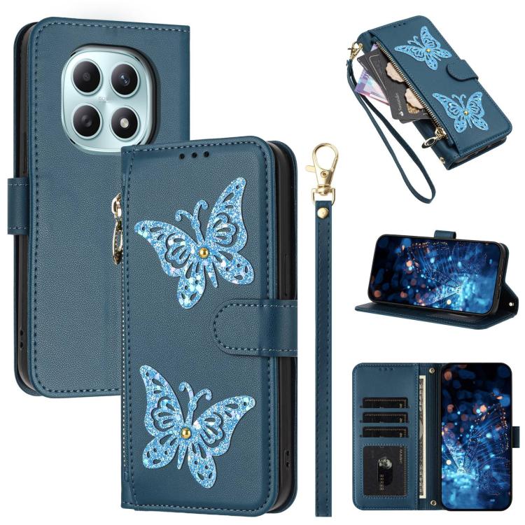 Glitter Butterfly Zipper Vegan Leather Phone Case with Wrist Strap, For Redmi 15a 5G Global, For Redmi Turbo 5 Max / Poco X8 Pro Max, For Redmi Turbo 5 / Poco X8 Pro 5G, For Redmi Note 15 Pro+ 5G Global 163.3mm, For Redmi Note 15 5G / 4G Global 164mm  ...