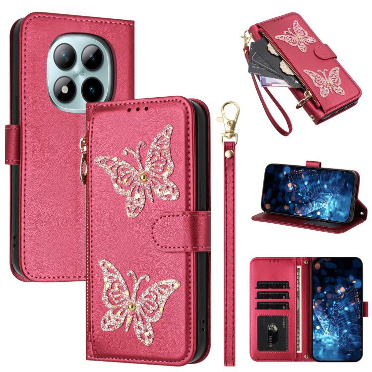 Glitter Butterfly Zipper Vegan Leather Phone Case with Wrist Strap, For Redmi 15a 5G Global, For Redmi Turbo 5 Max / Poco X8 Pro Max, For Redmi Turbo 5 / Poco X8 Pro 5G, For Redmi Note 15 Pro+ 5G Global 163.3mm, For Redmi Note 15 5G / 4G Global 164mm  ...