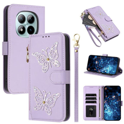 Glitter Butterfly Zipper Vegan Leather Phone Case with Wrist Strap, For Redmi 15a 5G Global, For Redmi Turbo 5 Max / Poco X8 Pro Max, For Redmi Turbo 5 / Poco X8 Pro 5G, For Redmi Note 15 Pro+ 5G Global 163.3mm, For Redmi Note 15 5G / 4G Global 164mm  ...