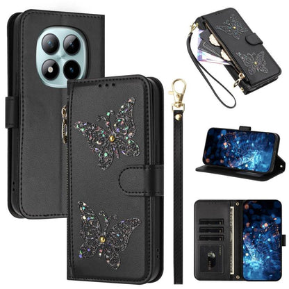 Glitter Butterfly Zipper Vegan Leather Phone Case with Wrist Strap, For Redmi 15a 5G Global, For Redmi Turbo 5 Max / Poco X8 Pro Max, For Redmi Turbo 5 / Poco X8 Pro 5G, For Redmi Note 15 Pro+ 5G Global 163.3mm, For Redmi Note 15 5G / 4G Global 164mm  ...
