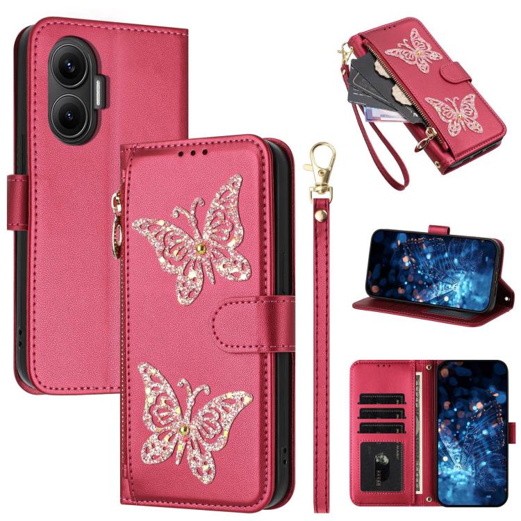 Glitter Butterfly Zipper Vegan Leather Phone Case with Wrist Strap, For Redmi 15a 5G Global, For Redmi Turbo 5 Max / Poco X8 Pro Max, For Redmi Turbo 5 / Poco X8 Pro 5G, For Redmi Note 15 Pro+ 5G Global 163.3mm, For Redmi Note 15 5G / 4G Global 164mm  ...