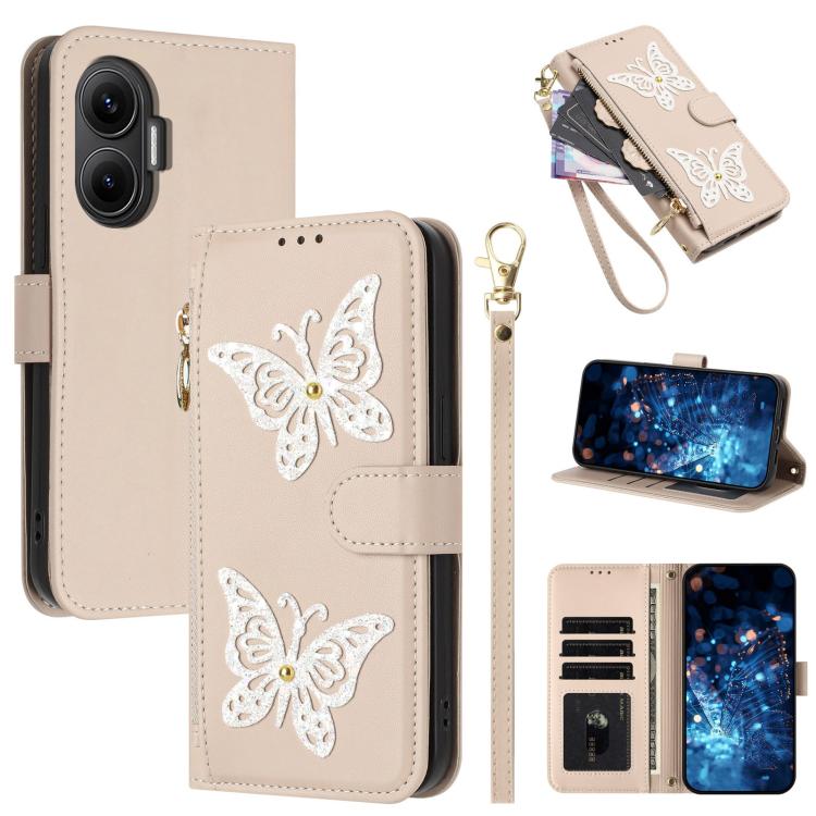 Glitter Butterfly Zipper Vegan Leather Phone Case with Wrist Strap, For Redmi 15a 5G Global, For Redmi Turbo 5 Max / Poco X8 Pro Max, For Redmi Turbo 5 / Poco X8 Pro 5G, For Redmi Note 15 Pro+ 5G Global 163.3mm, For Redmi Note 15 5G / 4G Global 164mm  ...