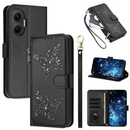 Glitter Butterfly Zipper Vegan Leather Phone Case with Wrist Strap, For Redmi 15a 5G Global, For Redmi Turbo 5 Max / Poco X8 Pro Max, For Redmi Turbo 5 / Poco X8 Pro 5G, For Redmi Note 15 Pro+ 5G Global 163.3mm, For Redmi Note 15 5G / 4G Global 164mm  ...