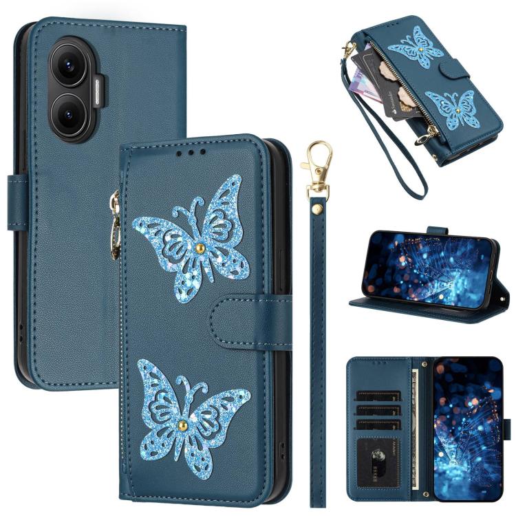 Glitter Butterfly Zipper Vegan Leather Phone Case with Wrist Strap, For Redmi 15a 5G Global, For Redmi Turbo 5 Max / Poco X8 Pro Max, For Redmi Turbo 5 / Poco X8 Pro 5G, For Redmi Note 15 Pro+ 5G Global 163.3mm, For Redmi Note 15 5G / 4G Global 164mm  ...