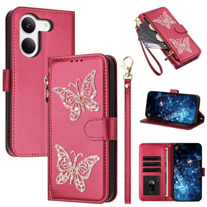 Glitter Butterfly Zipper Vegan Leather Phone Case with Wrist Strap, For Redmi 15a 5G Global, For Redmi Turbo 5 Max / Poco X8 Pro Max, For Redmi Turbo 5 / Poco X8 Pro 5G, For Redmi Note 15 Pro+ 5G Global 163.3mm, For Redmi Note 15 5G / 4G Global 164mm  ...