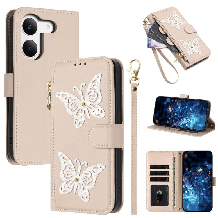Glitter Butterfly Zipper Vegan Leather Phone Case with Wrist Strap, For Redmi 15a 5G Global, For Redmi Turbo 5 Max / Poco X8 Pro Max, For Redmi Turbo 5 / Poco X8 Pro 5G, For Redmi Note 15 Pro+ 5G Global 163.3mm, For Redmi Note 15 5G / 4G Global 164mm  ...