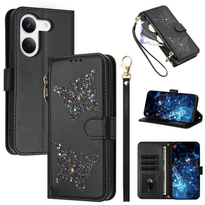 Glitter Butterfly Zipper Vegan Leather Phone Case with Wrist Strap, For Redmi 15a 5G Global, For Redmi Turbo 5 Max / Poco X8 Pro Max, For Redmi Turbo 5 / Poco X8 Pro 5G, For Redmi Note 15 Pro+ 5G Global 163.3mm, For Redmi Note 15 5G / 4G Global 164mm  ...