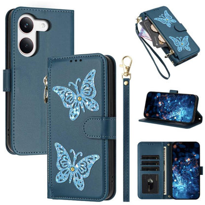 Glitter Butterfly Zipper Vegan Leather Phone Case with Wrist Strap, For Redmi 15a 5G Global, For Redmi Turbo 5 Max / Poco X8 Pro Max, For Redmi Turbo 5 / Poco X8 Pro 5G, For Redmi Note 15 Pro+ 5G Global 163.3mm, For Redmi Note 15 5G / 4G Global 164mm  ...