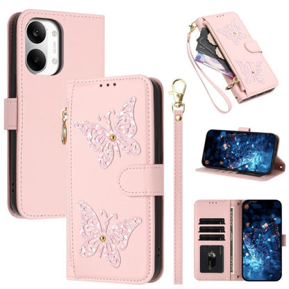 Glitter Butterfly Zipper Vegan Leather Phone Case with Wrist Strap, For Redmi 15a 5G Global, For Redmi Turbo 5 Max / Poco X8 Pro Max, For Redmi Turbo 5 / Poco X8 Pro 5G, For Redmi Note 15 Pro+ 5G Global 163.3mm, For Redmi Note 15 5G / 4G Global 164mm  ...