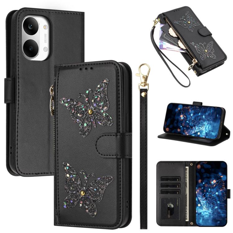 Glitter Butterfly Zipper Vegan Leather Phone Case with Wrist Strap, For Redmi 15a 5G Global, For Redmi Turbo 5 Max / Poco X8 Pro Max, For Redmi Turbo 5 / Poco X8 Pro 5G, For Redmi Note 15 Pro+ 5G Global 163.3mm, For Redmi Note 15 5G / 4G Global 164mm  ...