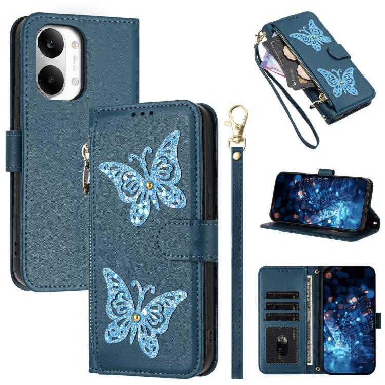 Glitter Butterfly Zipper Vegan Leather Phone Case with Wrist Strap, For Redmi 15a 5G Global, For Redmi Turbo 5 Max / Poco X8 Pro Max, For Redmi Turbo 5 / Poco X8 Pro 5G, For Redmi Note 15 Pro+ 5G Global 163.3mm, For Redmi Note 15 5G / 4G Global 164mm  ...