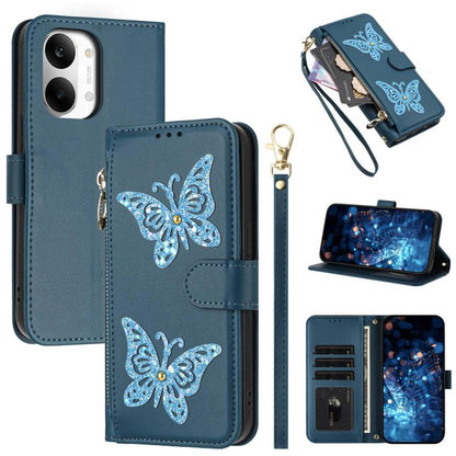 Glitter Butterfly Zipper Vegan Leather Phone Case with Wrist Strap, For Redmi 15a 5G Global, For Redmi Turbo 5 Max / Poco X8 Pro Max, For Redmi Turbo 5 / Poco X8 Pro 5G, For Redmi Note 15 Pro+ 5G Global 163.3mm, For Redmi Note 15 5G / 4G Global 164mm  ...