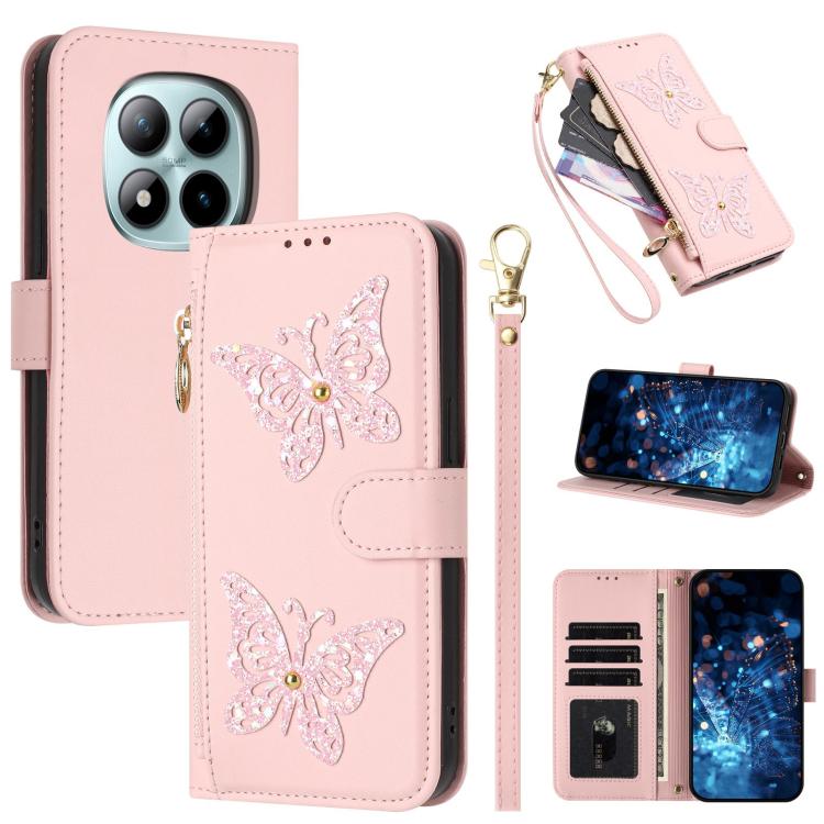 Glitter Butterfly Zipper Vegan Leather Phone Case with Wrist Strap, For Redmi 15a 5G Global, For Redmi Turbo 5 Max / Poco X8 Pro Max, For Redmi Turbo 5 / Poco X8 Pro 5G, For Redmi Note 15 Pro+ 5G Global 163.3mm, For Redmi Note 15 5G / 4G Global 164mm  ...