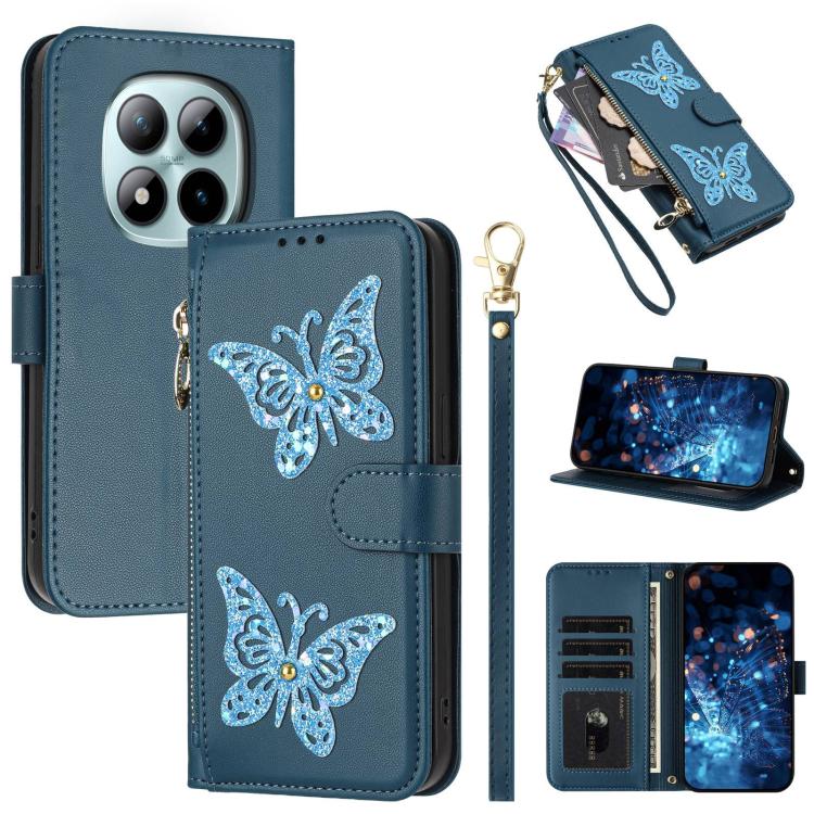 Glitter Butterfly Zipper Vegan Leather Phone Case with Wrist Strap, For Redmi 15a 5G Global, For Redmi Turbo 5 Max / Poco X8 Pro Max, For Redmi Turbo 5 / Poco X8 Pro 5G, For Redmi Note 15 Pro+ 5G Global 163.3mm, For Redmi Note 15 5G / 4G Global 164mm  ...