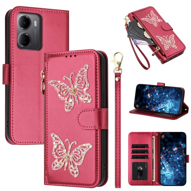 Glitter Butterfly Zipper Vegan Leather Phone Case with Wrist Strap, For Redmi 15a 5G Global, For Redmi Turbo 5 Max / Poco X8 Pro Max, For Redmi Turbo 5 / Poco X8 Pro 5G, For Redmi Note 15 Pro+ 5G Global 163.3mm, For Redmi Note 15 5G / 4G Global 164mm  ...