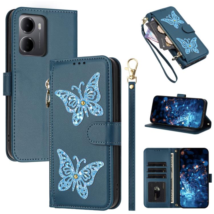 Glitter Butterfly Zipper Vegan Leather Phone Case with Wrist Strap, For Redmi 15a 5G Global, For Redmi Turbo 5 Max / Poco X8 Pro Max, For Redmi Turbo 5 / Poco X8 Pro 5G, For Redmi Note 15 Pro+ 5G Global 163.3mm, For Redmi Note 15 5G / 4G Global 164mm  ...