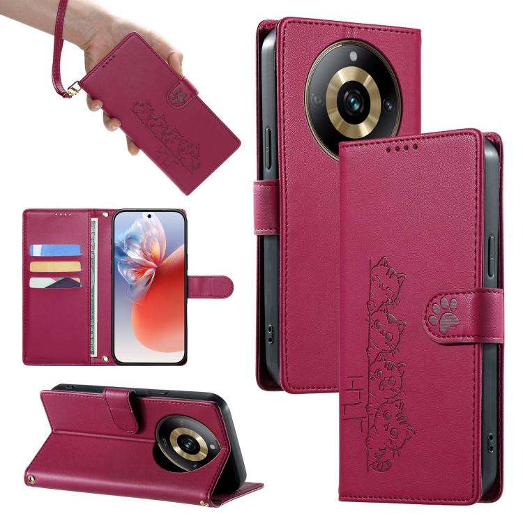 Cute Cats Magnetic Closure Vegan Leather Phone Case with Strap, For Realme 12 5G / 12x 5G / C65 5G, For Realme GT 6 Global, For Realme 12+ / Narzo 70 5G, For Realme C67 4G / 12 Lite 4G, For Realme 12 Pro 5G / 12 Pro+ 5G, For Realme 11 4G, For Realme 11...
