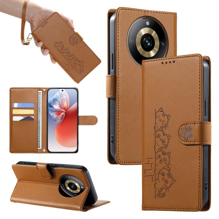 Cute Cats Magnetic Closure Vegan Leather Phone Case with Strap, For Realme 12 5G / 12x 5G / C65 5G, For Realme GT 6 Global, For Realme 12+ / Narzo 70 5G, For Realme C67 4G / 12 Lite 4G, For Realme 12 Pro 5G / 12 Pro+ 5G, For Realme 11 4G, For Realme 11...