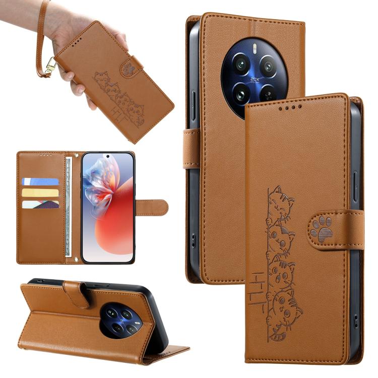 Cute Cats Magnetic Closure Vegan Leather Phone Case with Strap, For Realme 12 5G / 12x 5G / C65 5G, For Realme GT 6 Global, For Realme 12+ / Narzo 70 5G, For Realme C67 4G / 12 Lite 4G, For Realme 12 Pro 5G / 12 Pro+ 5G, For Realme 11 4G, For Realme 11...