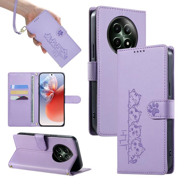 Cute Cats Magnetic Closure Vegan Leather Phone Case with Strap, For Realme 12 5G / 12x 5G / C65 5G, For Realme GT 6 Global, For Realme 12+ / Narzo 70 5G, For Realme C67 4G / 12 Lite 4G, For Realme 12 Pro 5G / 12 Pro+ 5G, For Realme 11 4G, For Realme 11...