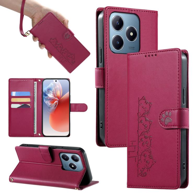 Cute Cats Magnetic Closure Vegan Leather Phone Case with Strap, For Realme 16T 5G, For Realme C100 4G, For Realme C85 5G / 15x 5G / C83 5G, For Realme 16 5G, For Realme 16 Pro+ 5G, For Realme 16 Pro 5G, For Realme C85 Pro 4G, For Realme 15T 5G         ...