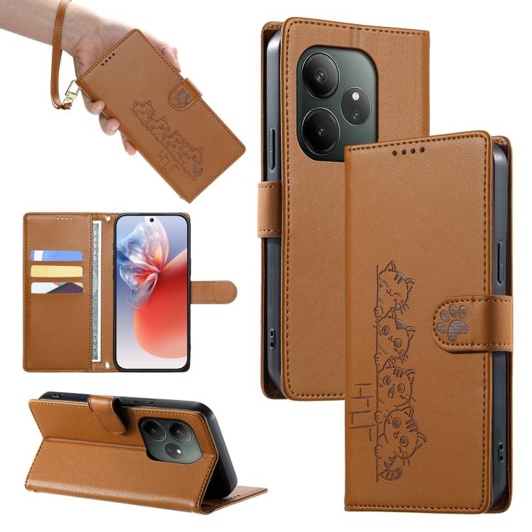 Cute Cats Magnetic Closure Vegan Leather Phone Case with Strap, For Realme 12 5G / 12x 5G / C65 5G, For Realme GT 6 Global, For Realme 12+ / Narzo 70 5G, For Realme C67 4G / 12 Lite 4G, For Realme 12 Pro 5G / 12 Pro+ 5G, For Realme 11 4G, For Realme 11...