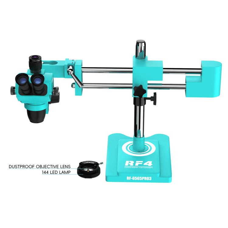 RF4 RF-6565Pro3 6.5-65X Synchronous Zoom Trinocular Stereo Microscope with Double-arm Boom Stand, RF-6565Pro3