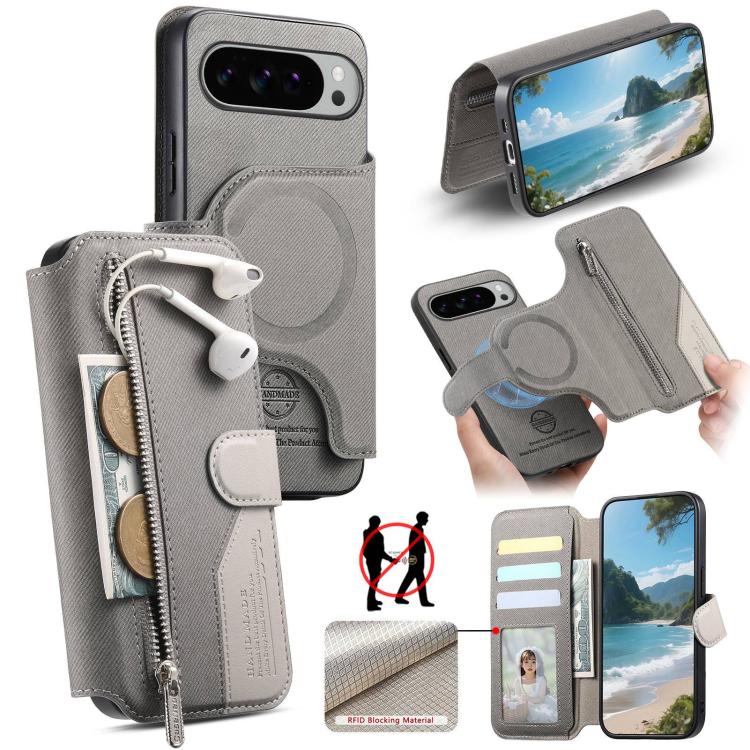 Twill Fabric MagSafe RFID Anti-theft Zipper Wallet Leather Phone Case, For Google Pixel 11 Pro XL, For Google Pixel 10a