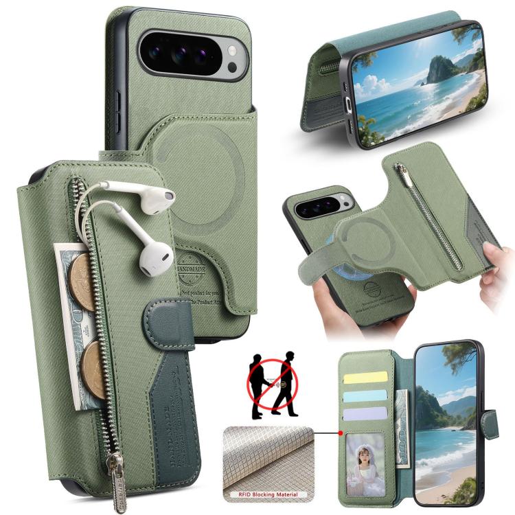 Twill Fabric MagSafe RFID Anti-theft Zipper Wallet Leather Phone Case, For Google Pixel 11 Pro XL, For Google Pixel 10a