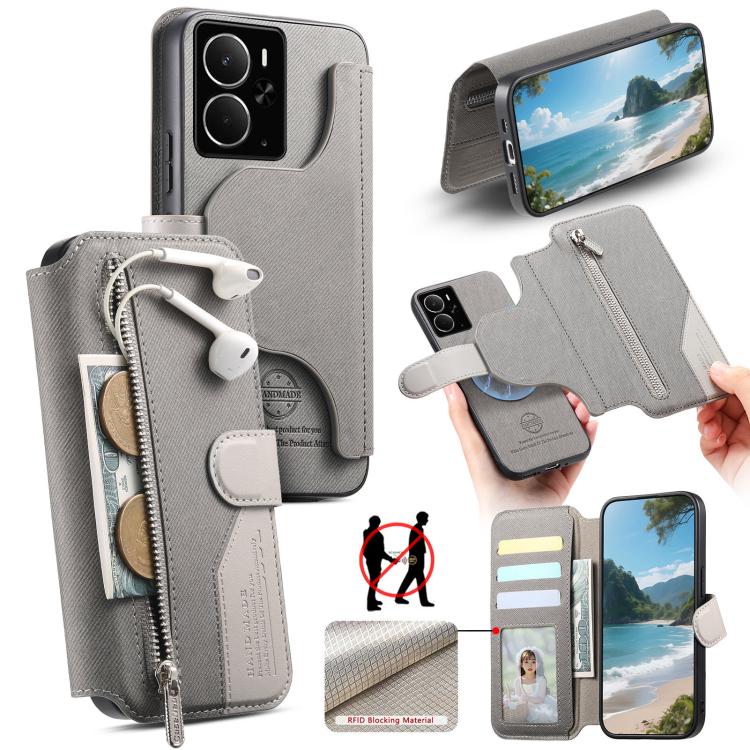 Twill Fabric MagSafe RFID Anti-theft Zipper Wallet Leather Phone Case, For Realme 16 Pro+ 5G, For Realme 16 Pro 5G, For Realme GT 8 Pro, For Realme 15T 5G, For Realme 14 / P3 5G / NeoX7, For Realme 14 Pro+