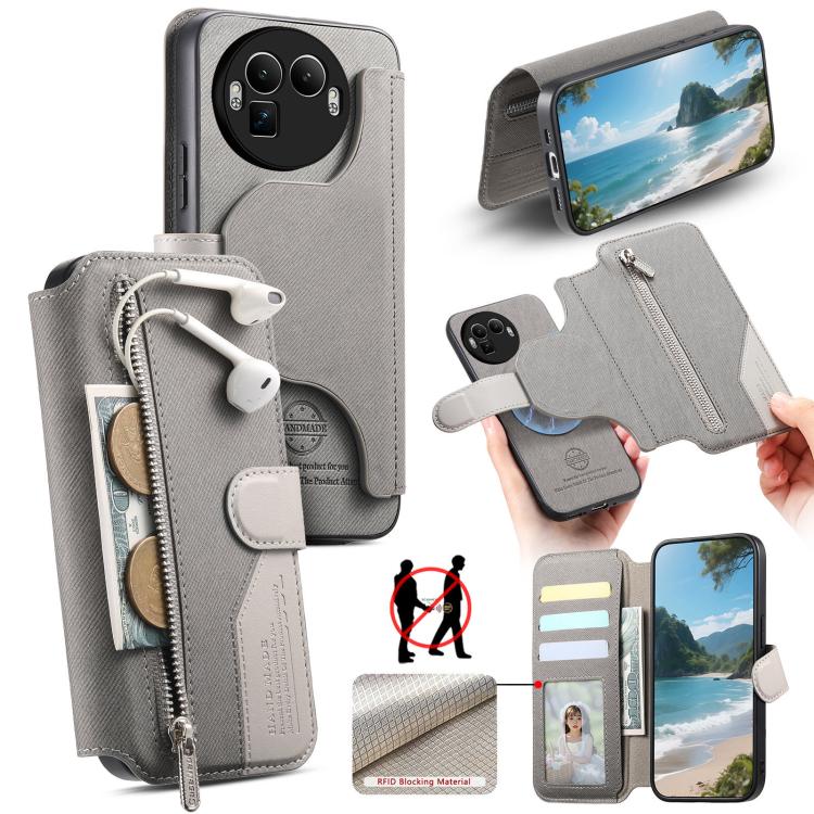 Twill Fabric MagSafe RFID Anti-theft Zipper Wallet Leather Phone Case, For Realme 16 Pro+ 5G, For Realme 16 Pro 5G, For Realme GT 8 Pro, For Realme 15T 5G, For Realme 14 / P3 5G / NeoX7, For Realme 14 Pro+