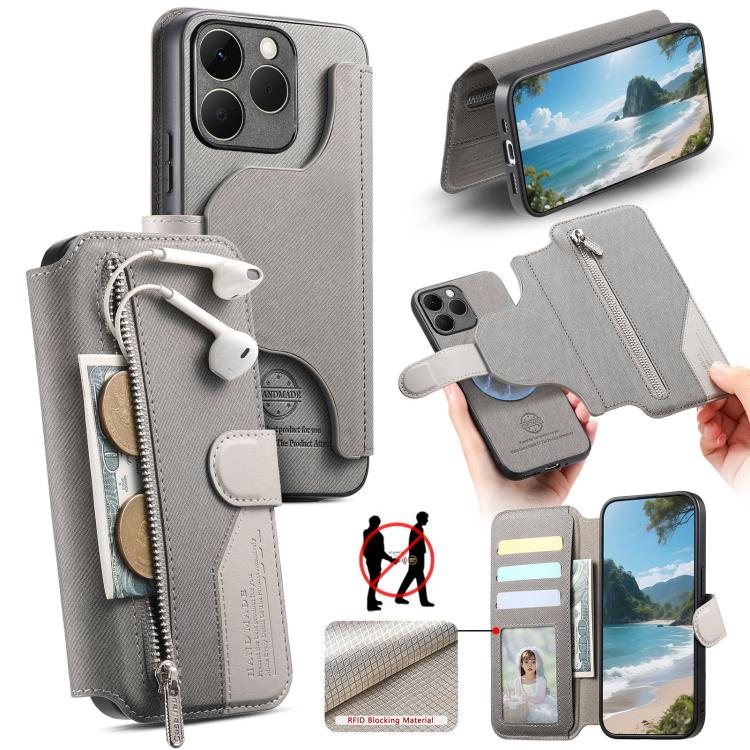 Twill Fabric MagSafe RFID Anti-theft Zipper Wallet Leather Phone Case, For Realme 16 Pro+ 5G, For Realme 16 Pro 5G, For Realme GT 8 Pro, For Realme 15T 5G, For Realme 14 / P3 5G / NeoX7, For Realme 14 Pro+