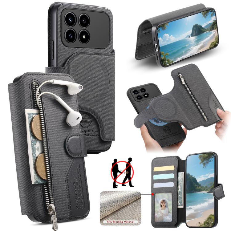 Twill Fabric MagSafe RFID Anti-theft Zipper Wallet Leather Phone Case, For Redmi K90 Pro Max / Poco F8 Ultra, For Redmi Turbo 5 Max / Poco X8 Pro Max, For Redmi Turbo 5 5G / Poco X8 Pro 5G, For Redmi K90 / Poco F8 Pro 5G, For Redmi Turbo 4 Pro / Poco F...