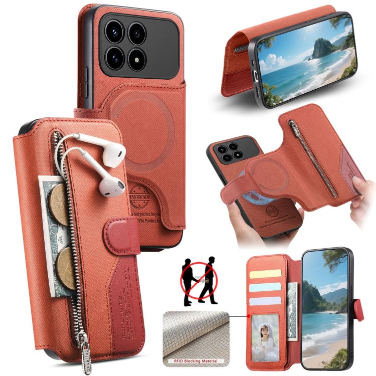 Twill Fabric MagSafe RFID Anti-theft Zipper Wallet Leather Phone Case, For Redmi K90 Pro Max / Poco F8 Ultra, For Redmi Turbo 5 Max / Poco X8 Pro Max, For Redmi Turbo 5 5G / Poco X8 Pro 5G, For Redmi K90 / Poco F8 Pro 5G, For Redmi Turbo 4 Pro / Poco F...