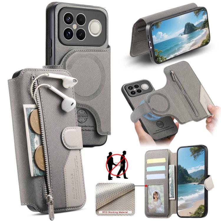 Twill Fabric MagSafe RFID Anti-theft Zipper Wallet Leather Phone Case, For Redmi K90 Pro Max / Poco F8 Ultra, For Redmi Turbo 5 Max / Poco X8 Pro Max, For Redmi Turbo 5 5G / Poco X8 Pro 5G, For Redmi K90 / Poco F8 Pro 5G, For Redmi Turbo 4 Pro / Poco F...