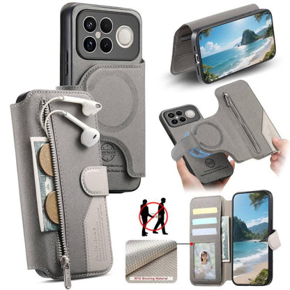 Twill Fabric MagSafe RFID Anti-theft Zipper Wallet Leather Phone Case, For Redmi K90 Pro Max / Poco F8 Ultra, For Redmi Turbo 5 Max / Poco X8 Pro Max, For Redmi Turbo 5 5G / Poco X8 Pro 5G, For Redmi K90 / Poco F8 Pro 5G, For Redmi Turbo 4 Pro / Poco F...