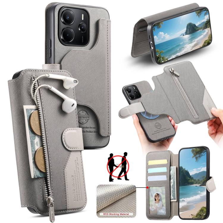 Twill Fabric MagSafe RFID Anti-theft Zipper Wallet Leather Phone Case, For Redmi K90 Pro Max / Poco F8 Ultra, For Redmi Turbo 5 Max / Poco X8 Pro Max, For Redmi Turbo 5 5G / Poco X8 Pro 5G, For Redmi K90 / Poco F8 Pro 5G, For Redmi Turbo 4 Pro / Poco F...