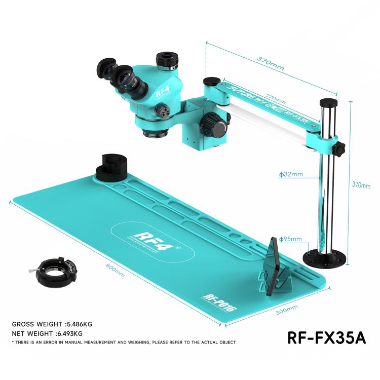 RF4 RF-FX35A 7-50X Free Swing Fixed Trinocular Microscope with RF-PO16 Silicone Pad, Long Version, RF-FX35A