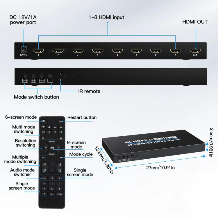 NK-M618 4K HDMI 8x1 8-way Screen Splitter Switch, NK-M618