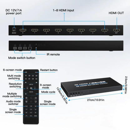 NK-M618 4K HDMI 8x1 8-way Screen Splitter Switch, NK-M618
