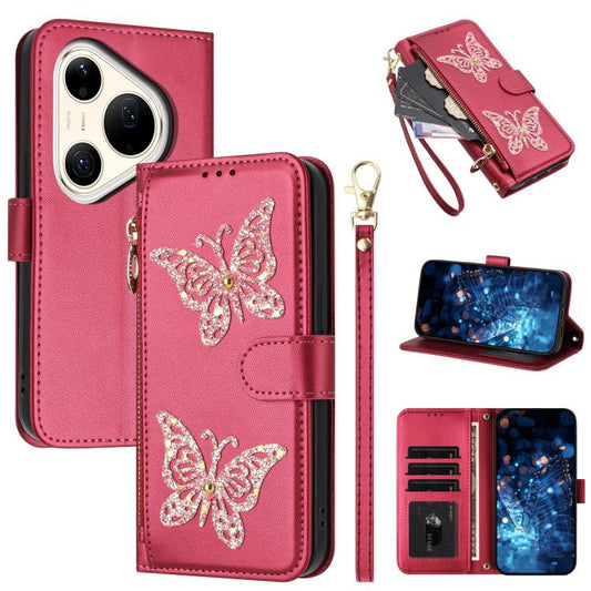 Glitter Butterfly Zipper Vegan Leather Phone Case with Wrist Strap, For Huawei Pura 90 Pro Max 5G, For Huawei Pura 90 Pro 5G, For Huawei Pura 90 5G
