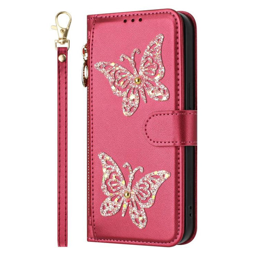 Glitter Butterfly Zipper Vegan Leather Phone Case with Wrist Strap, For Huawei Pura 90 Pro Max 5G, For Huawei Pura 90 Pro 5G, For Huawei Pura 90 5G