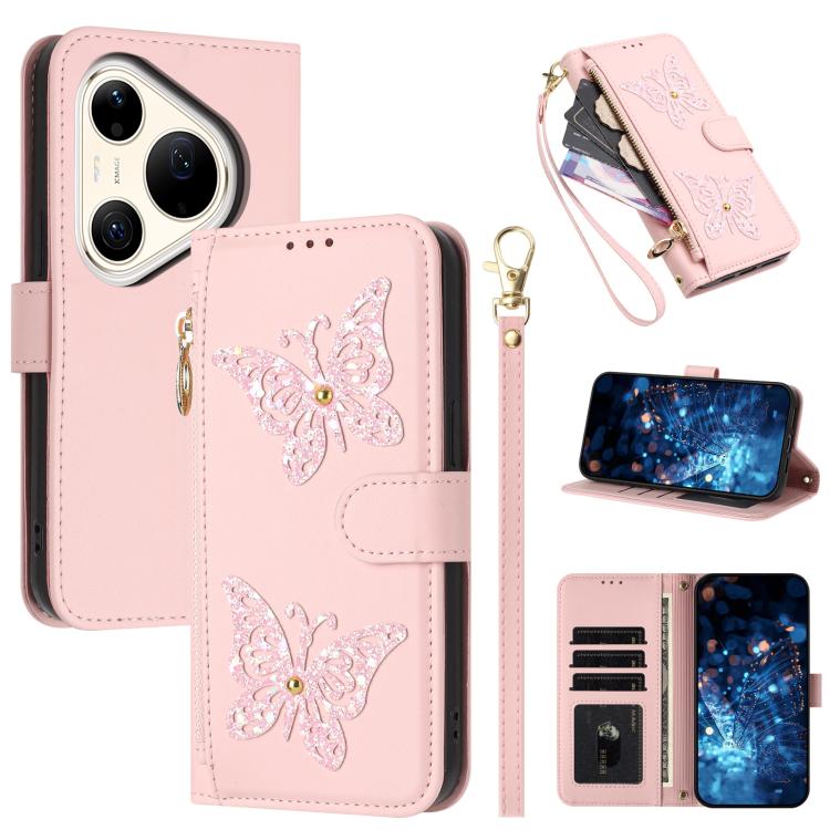 Étui de téléphone en cuir vegan à fermeture éclair avec papillons pailletés et dragonne, pour Huawei nova 16 Pro / 16 Ultra, pour Huawei Pura 90 Pro Max 5G, pour Huawei Pura 90 Pro 5G, pour Huawei Pura 90 5G