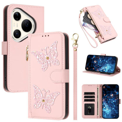 Étui de téléphone en cuir vegan à fermeture éclair avec papillons pailletés et dragonne, pour Huawei nova 16 Pro / 16 Ultra, pour Huawei Pura 90 Pro Max 5G, pour Huawei Pura 90 Pro 5G, pour Huawei Pura 90 5G
