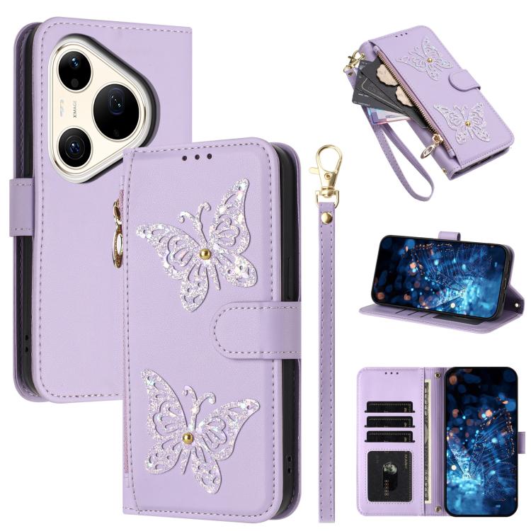 Étui de téléphone en cuir vegan à fermeture éclair avec papillons pailletés et dragonne, pour Huawei nova 16 Pro / 16 Ultra, pour Huawei Pura 90 Pro Max 5G, pour Huawei Pura 90 Pro 5G, pour Huawei Pura 90 5G