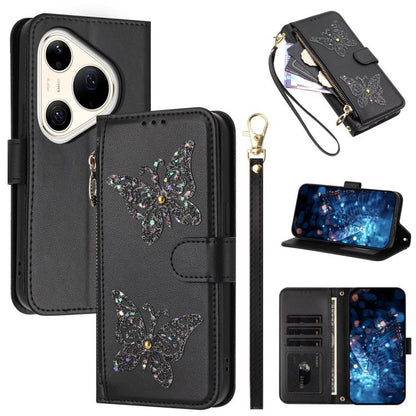 Étui de téléphone en cuir vegan à fermeture éclair avec papillons pailletés et dragonne, pour Huawei nova 16 Pro / 16 Ultra, pour Huawei Pura 90 Pro Max 5G, pour Huawei Pura 90 Pro 5G, pour Huawei Pura 90 5G