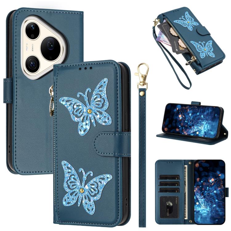 Étui de téléphone en cuir vegan à fermeture éclair avec papillons pailletés et dragonne, pour Huawei nova 16 Pro / 16 Ultra, pour Huawei Pura 90 Pro Max 5G, pour Huawei Pura 90 Pro 5G, pour Huawei Pura 90 5G