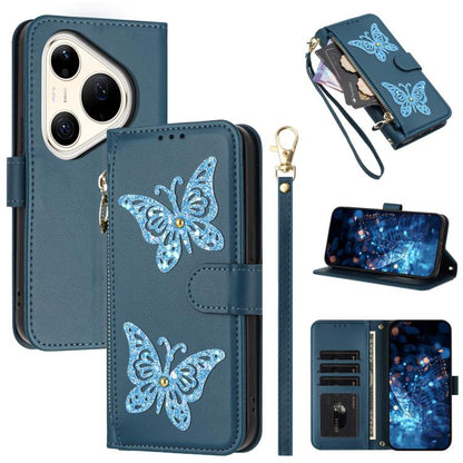Étui de téléphone en cuir vegan à fermeture éclair avec papillons pailletés et dragonne, pour Huawei nova 16 Pro / 16 Ultra, pour Huawei Pura 90 Pro Max 5G, pour Huawei Pura 90 Pro 5G, pour Huawei Pura 90 5G