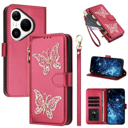 Étui de téléphone en cuir vegan à fermeture éclair avec papillons pailletés et dragonne, pour Huawei nova 16 Pro / 16 Ultra, pour Huawei Pura 90 Pro Max 5G, pour Huawei Pura 90 Pro 5G, pour Huawei Pura 90 5G