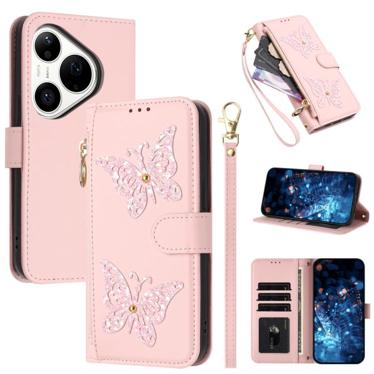 Étui de téléphone en cuir vegan à fermeture éclair avec papillons pailletés et dragonne, pour Huawei nova 16 Pro / 16 Ultra, pour Huawei Pura 90 Pro Max 5G, pour Huawei Pura 90 Pro 5G, pour Huawei Pura 90 5G